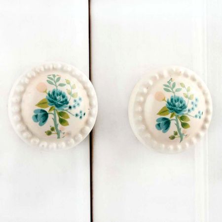Cream Blue Floral Ceramic Knob